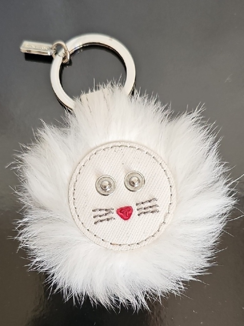 COACH WHITE FURRY LION KEYRING W/COACH CHARM SILVER-TONE NWT W/COACH BOX
